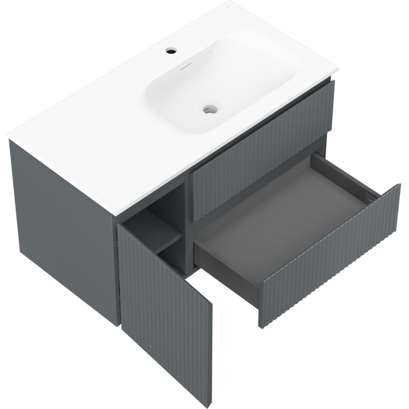 Mexen Rivel bathroom cabinet 90 cm with Vela right sink, 2S, 1D, grooved, graphite/white matte - 91A23-09047-3-BBFFF66-W23P01
