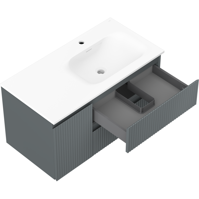 Mexen Rivel bathroom cabinet 90 cm with Vela right sink, 2S, 1D, fluted, graphite/white matte - 91A23-09047-3-BBFFF66-W23P01