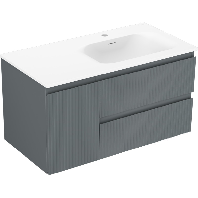 Mexen Rivel bathroom cabinet 90 cm with Vela right sink, 2S, 1D, grooved, graphite/white matte - 91A23-09047-3-BBFFF66-W23P01