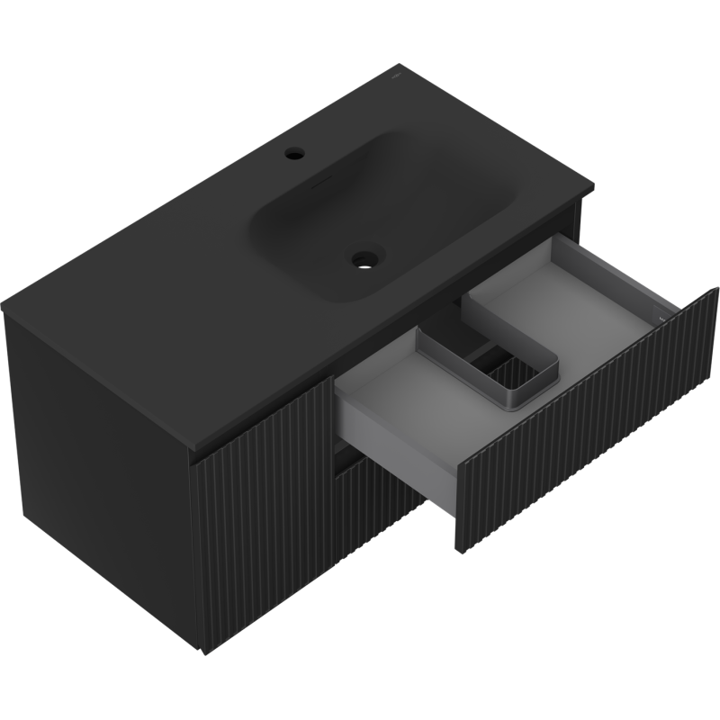 Mexen Rivel bathroom cabinet 90 cm with Vela right basin, 2S, 1D, fluted, black matte - 91A23-09047-3-BBFFF71-W23P71