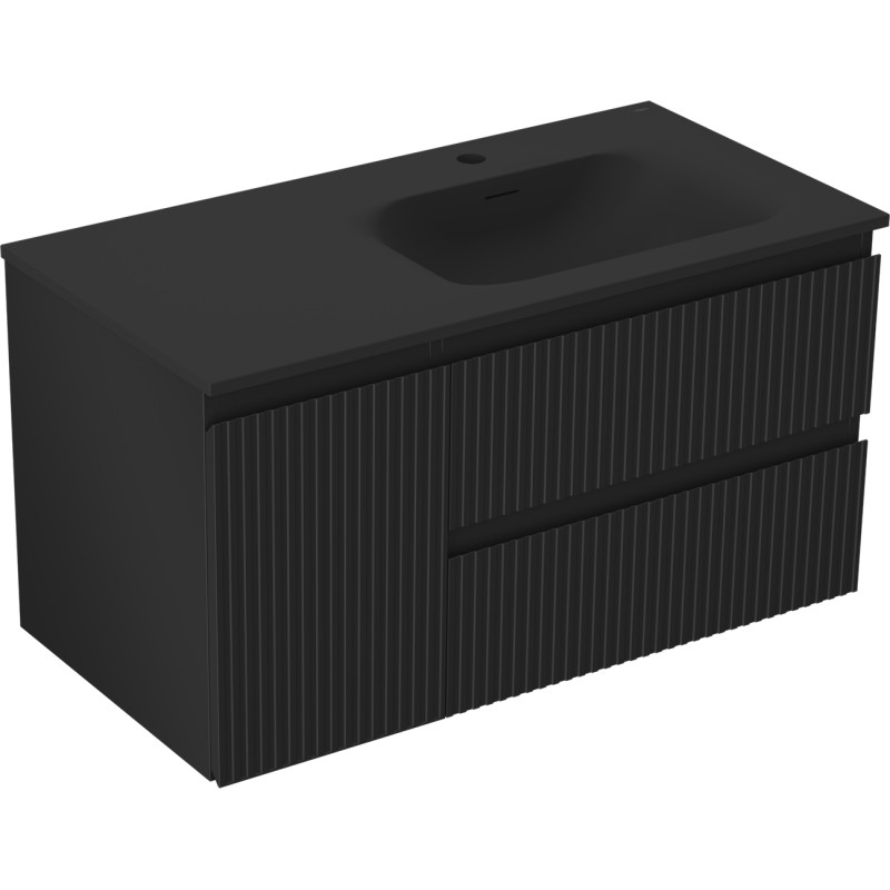 Mexen Rivel 90 cm Bathroom Cabinet with Vela Right Washbasin, 2S, 1D, Grooved, Matte Black - 91A23-09047-3-BBFFF71-W23P71