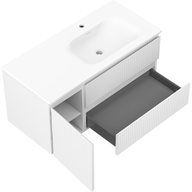 Mexen Rivel bathroom cabinet 100 cm with Vela right sink, 2S, 1D, ribbed, white matte - 91A23-10047-3-BBFFF01-W23P01
