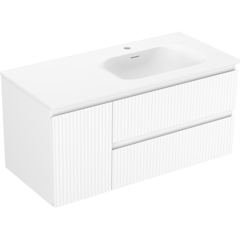 Mexen Rivel bathroom cabinet 100 cm with Vela right sink, 2S, 1D, ribbed, white matte - 91A23-10047-3-BBFFF01-W23P01