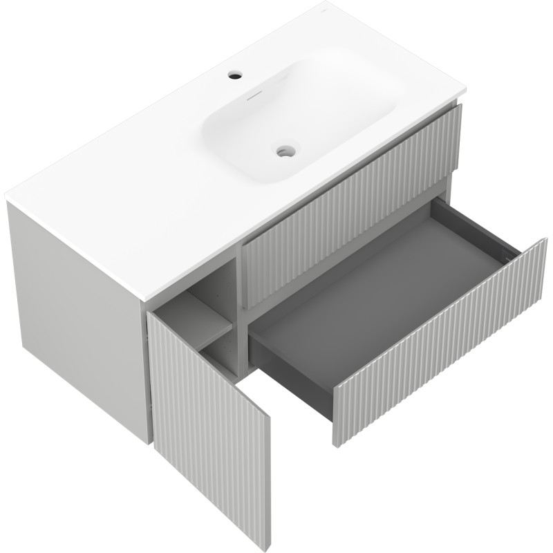 Mexen Rivel 100 cm Bathroom Cabinet with Right Vela Sink, 2 Drawers, 1 Door, Ribbed, Gray/White Matte