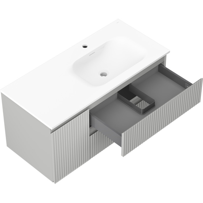Mexen Rivel 100 cm Bathroom Cabinet with Right Vela Sink, 2 Drawers, 1 Door, Ribbed, Gray/White Matte