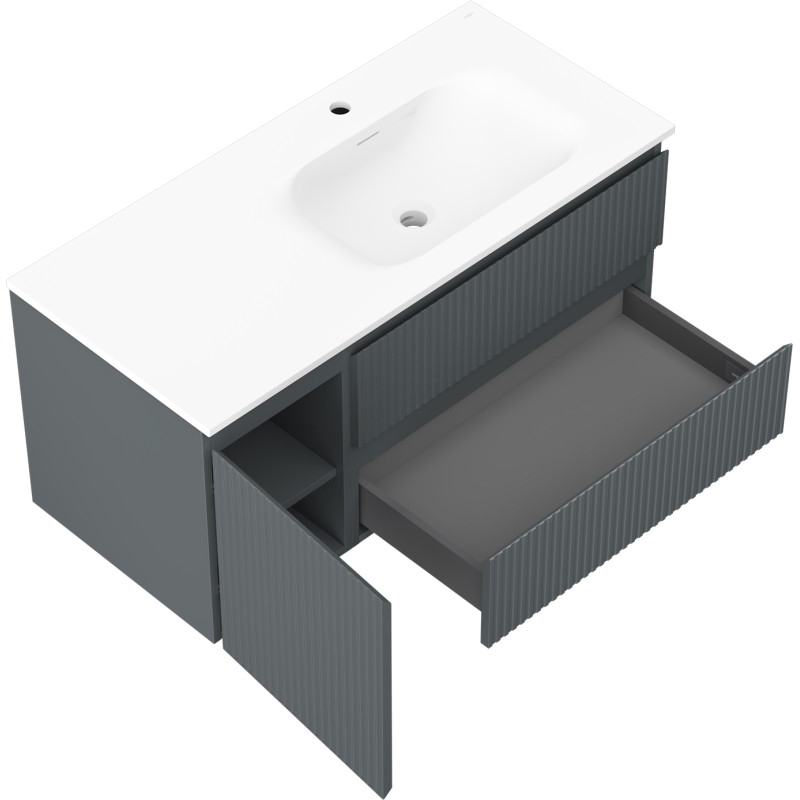 Mexen Rivel 100 cm Bathroom Cabinet with Right Sink Vela, 2S, 1D, Fluted, Graphite/White Matte - 91A23-10047-3-BBFFF66-W23P01