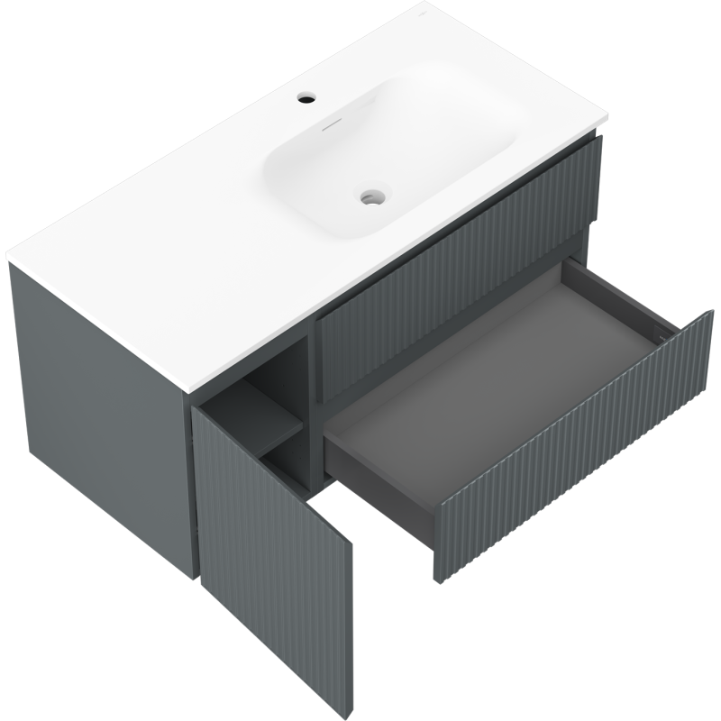 Mexen Rivel bathroom cabinet 100 cm with Vela sink right, 2S, 1D, fluted, graphite/white matte - 91A23-10047-3-BBFFF66-W23P01
