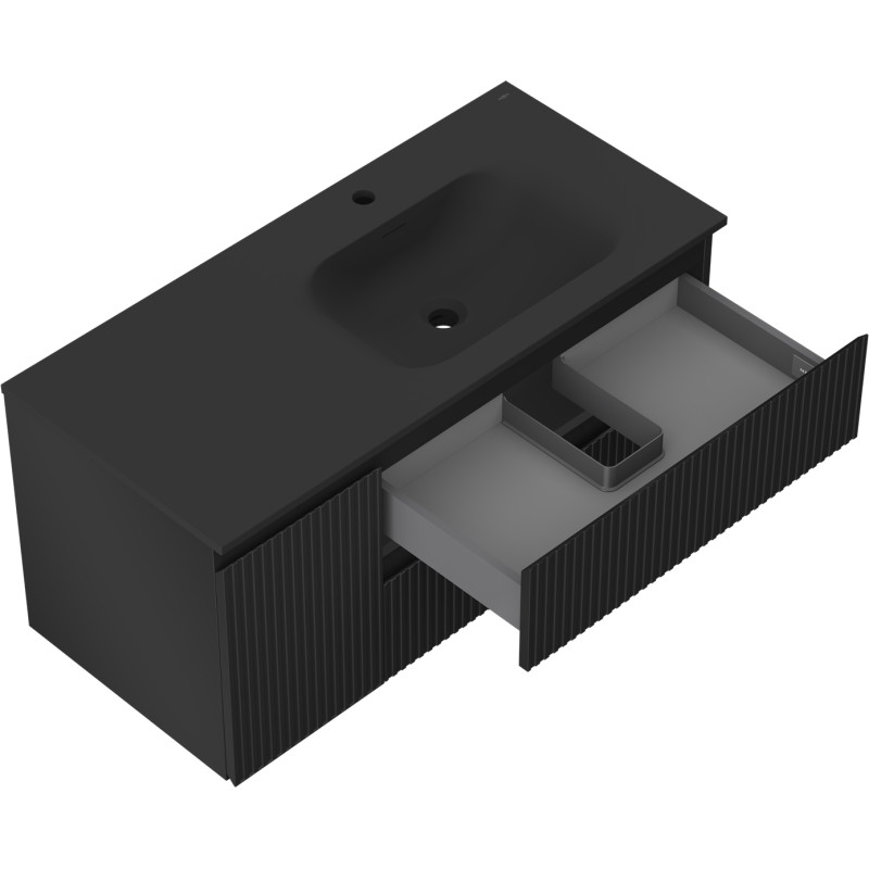 Mexen Rivel bathroom cabinet 120 cm with Vela right sink, 2S, 1D, grooved, black matte - 91A23-10047-3-BBFFF71-W23P71
