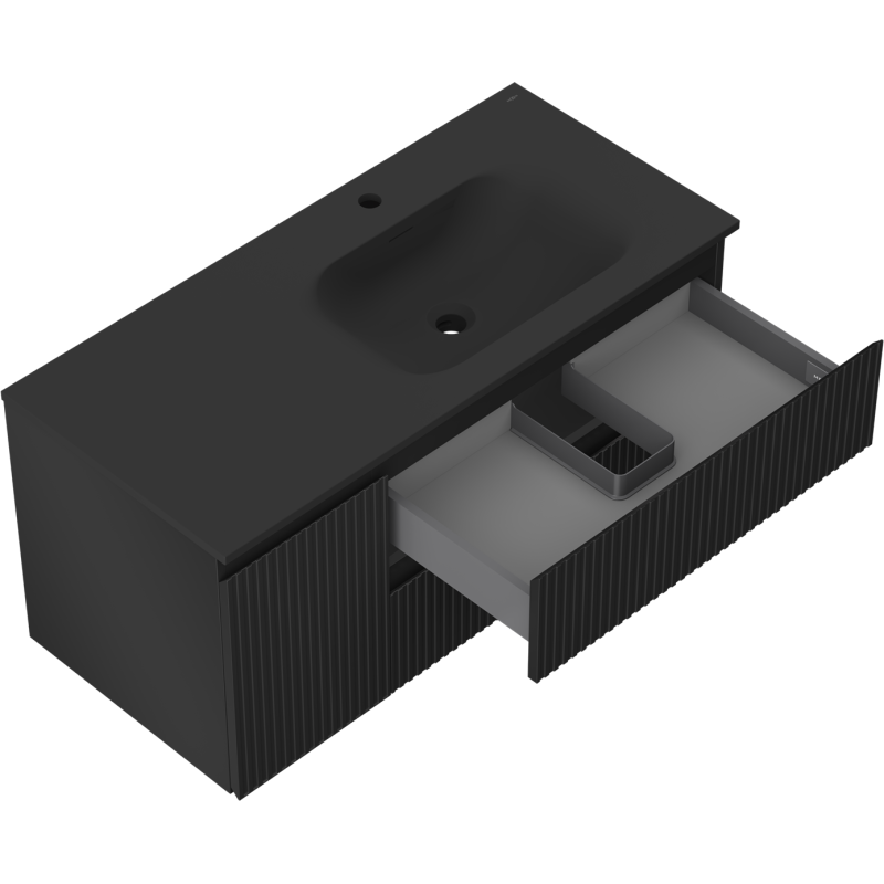 Mexen Rivel bathroom cabinet 120 cm with Vela right sink, 2S, 1D, ribbed, black matte - 91A23-10047-3-BBFFF71-W23P71