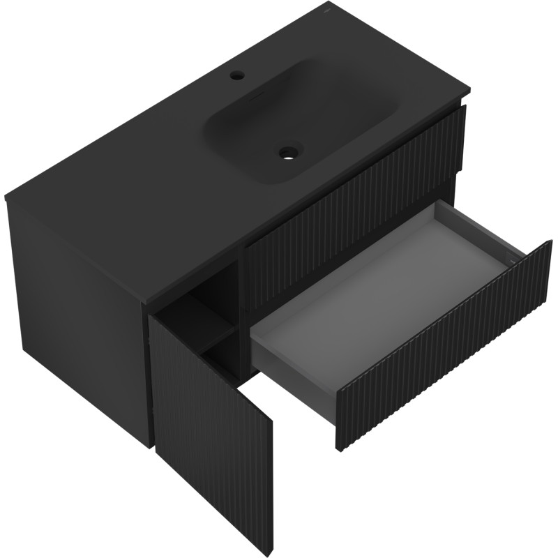 Mexen Rivel bathroom cabinet 120 cm with Vela right sink, 2S, 1D, grooved, black matte - 91A23-10047-3-BBFFF71-W23P71