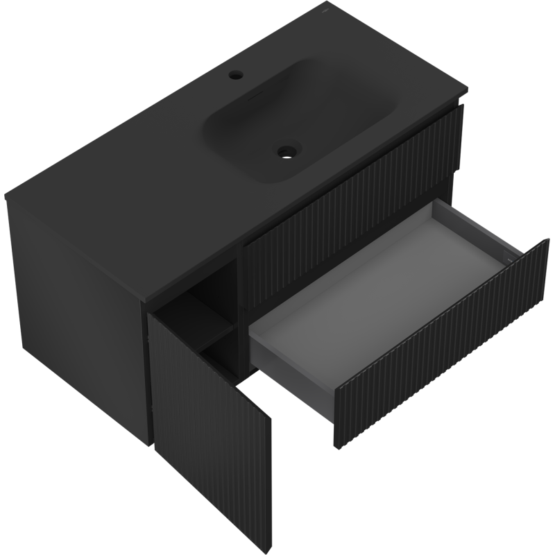 Mexen Rivel bathroom cabinet 120 cm with Vela right sink, 2S, 1D, ribbed, black matte - 91A23-10047-3-BBFFF71-W23P71