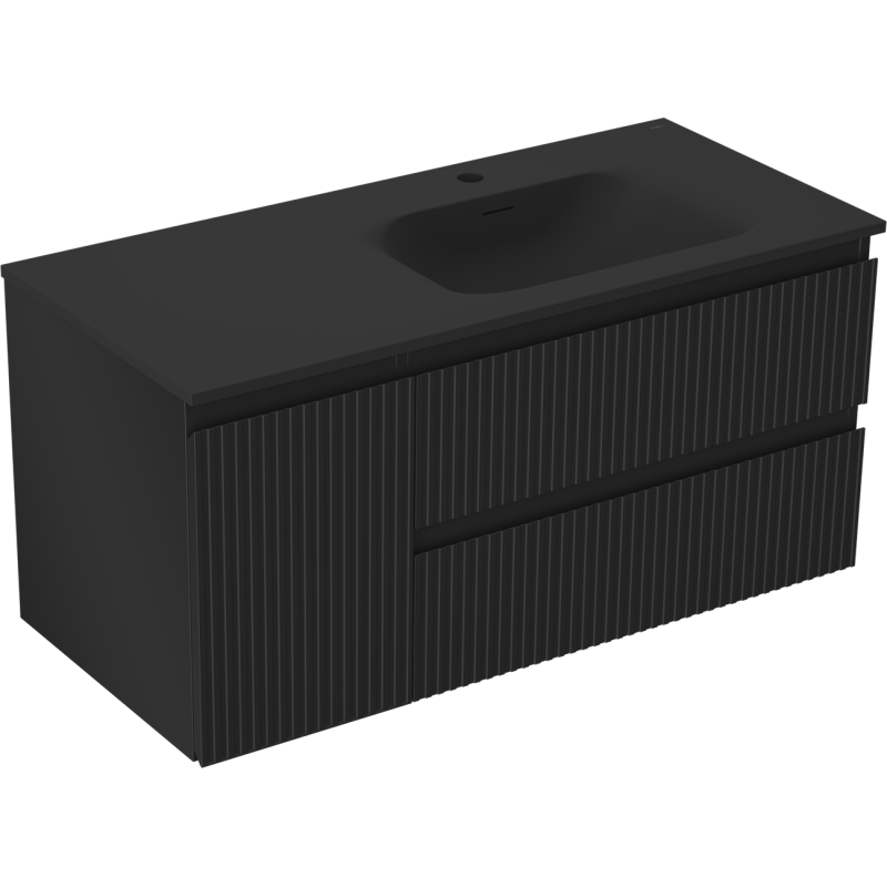 Mexen Rivel bathroom cabinet 120 cm with Vela right sink, 2S, 1D, ribbed, black matte - 91A23-10047-3-BBFFF71-W23P71