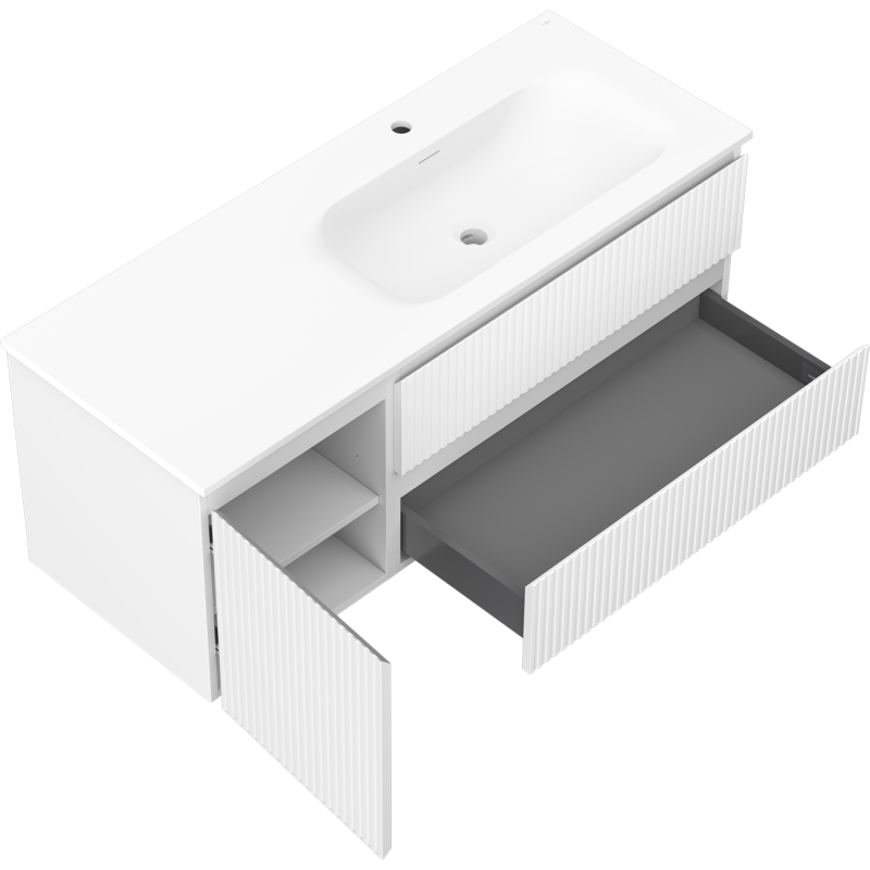 Mexen Rivel bathroom cabinet 120 cm with Vela right sink, 2S, 1D, fluted, white matte - 91A23-12047-3-BBFFF01-W23P01