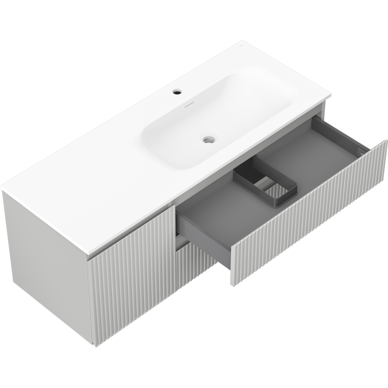 Mexen Rivel bathroom cabinet 120 cm with Vela right washbasin, 2S, 1D, grooved, gray/white matte - 91A23-12047-3-BBFFF62-W23P01