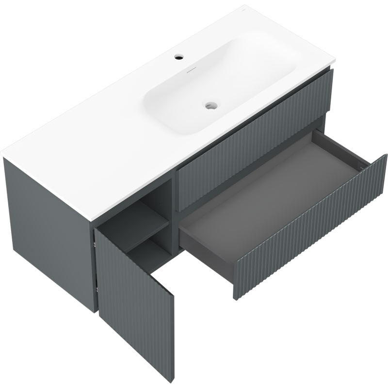 Mexen Rivel bathroom cabinet 120 cm with Vela basin right, 2S, 1D, grooved, graphite/white matte - 91A23-12047-3-BBFFF66-W23P01