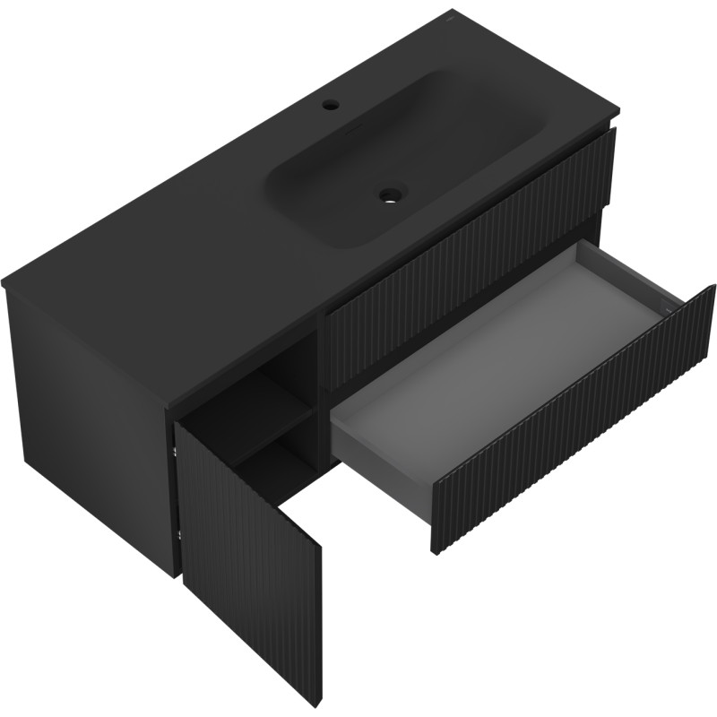 Mexen Rivel 120 cm Bathroom Cabinet with Vela Sink Right, 2 Drawers, 1 Door, Ribbed, Matte Black - 91A23-12047-3-BBFFF71-W23P71
