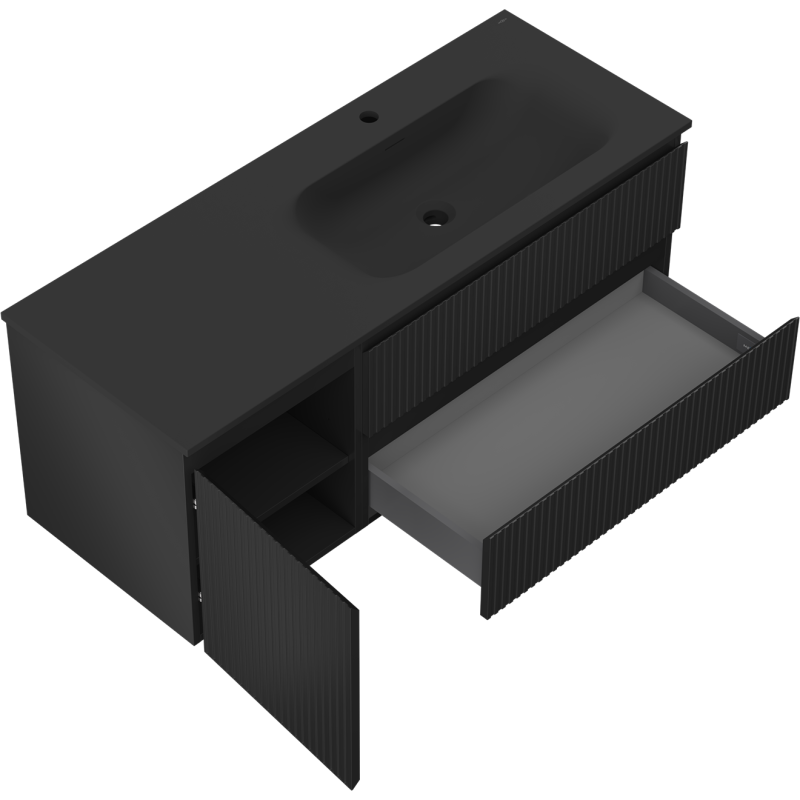 Mexen Rivel bathroom cabinet 120 cm with Vela right sink, 2S, 1D, fluted, black matte - 91A23-12047-3-BBFFF71-W23P71