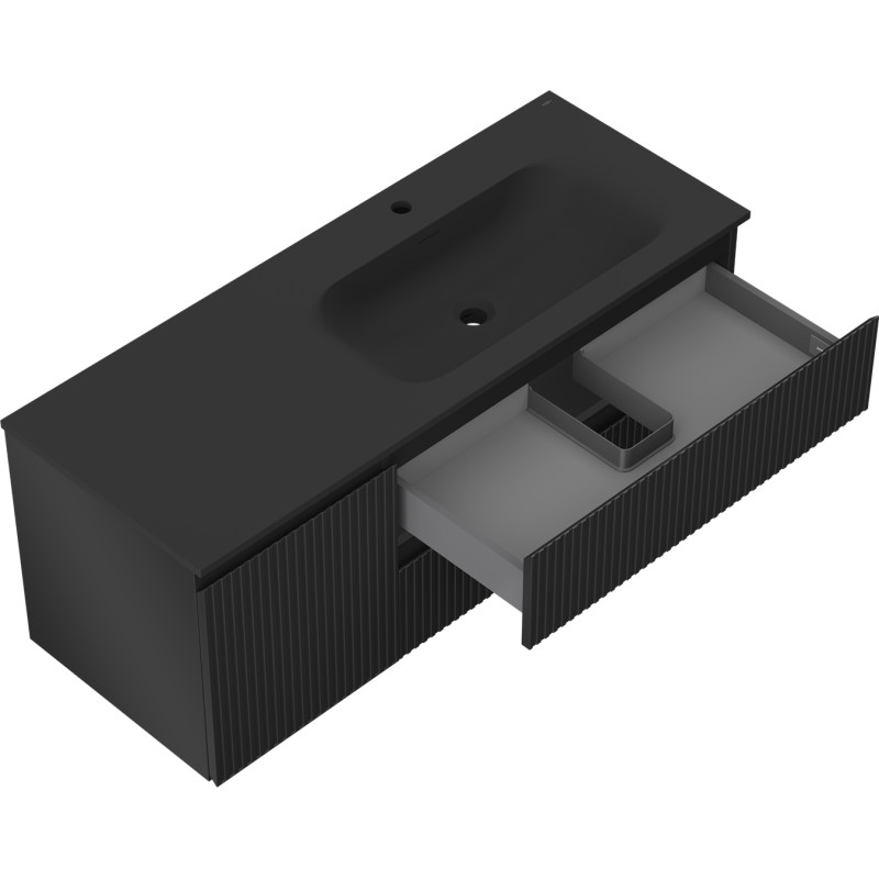 Mexen Rivel 120 cm Bathroom Cabinet with Vela Sink Right, 2 Drawers, 1 Door, Ribbed, Matte Black - 91A23-12047-3-BBFFF71-W23P71