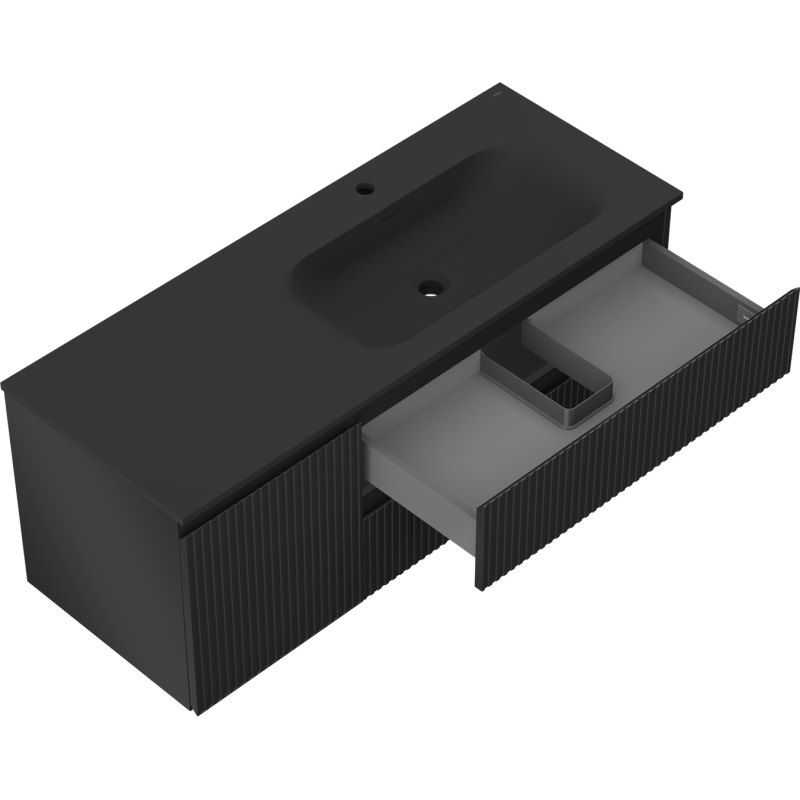 Mexen Rivel bathroom cabinet 120 cm with Vela right sink, 2S, 1D, fluted, black matte - 91A23-12047-3-BBFFF71-W23P71