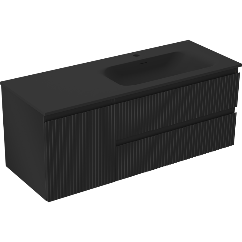 Mexen Rivel bathroom cabinet 120 cm with Vela right sink, 2S, 1D, fluted, black matte - 91A23-12047-3-BBFFF71-W23P71