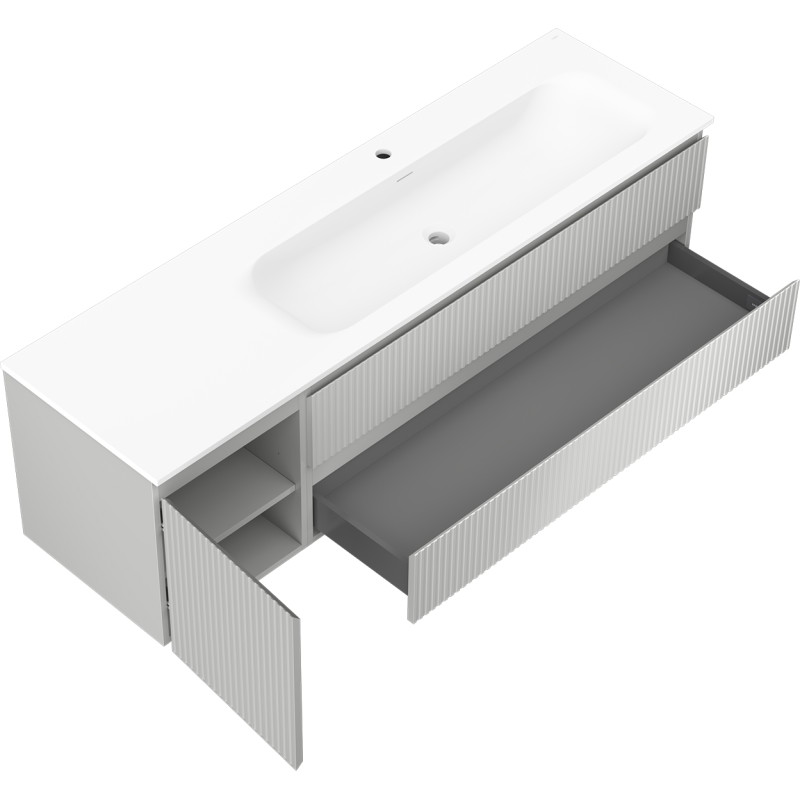 Mexen Rivel 160 cm Bathroom Cabinet with Vela Sink Right, 2 Drawers, 1 Door, Fluted, Gray/White Matte