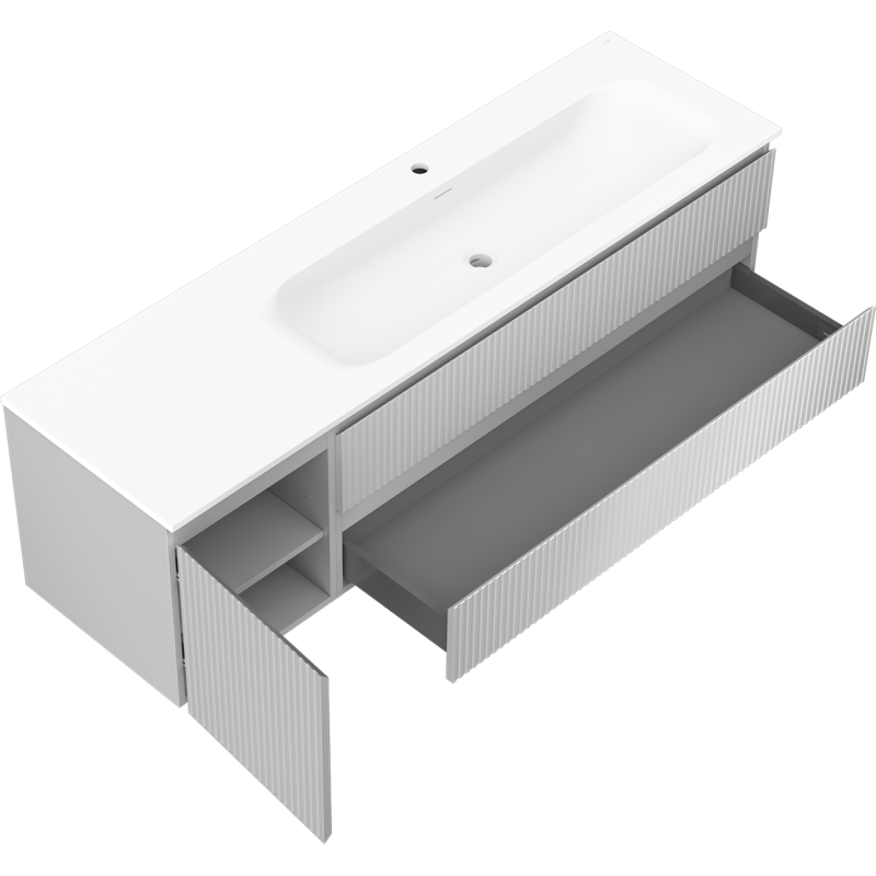 Mexen Rivel bathroom cabinet 160 cm with Vela right sink, 2S, 1D, fluted, gray/white matte - 91A23-16047-3-BBFFF62-W23P01