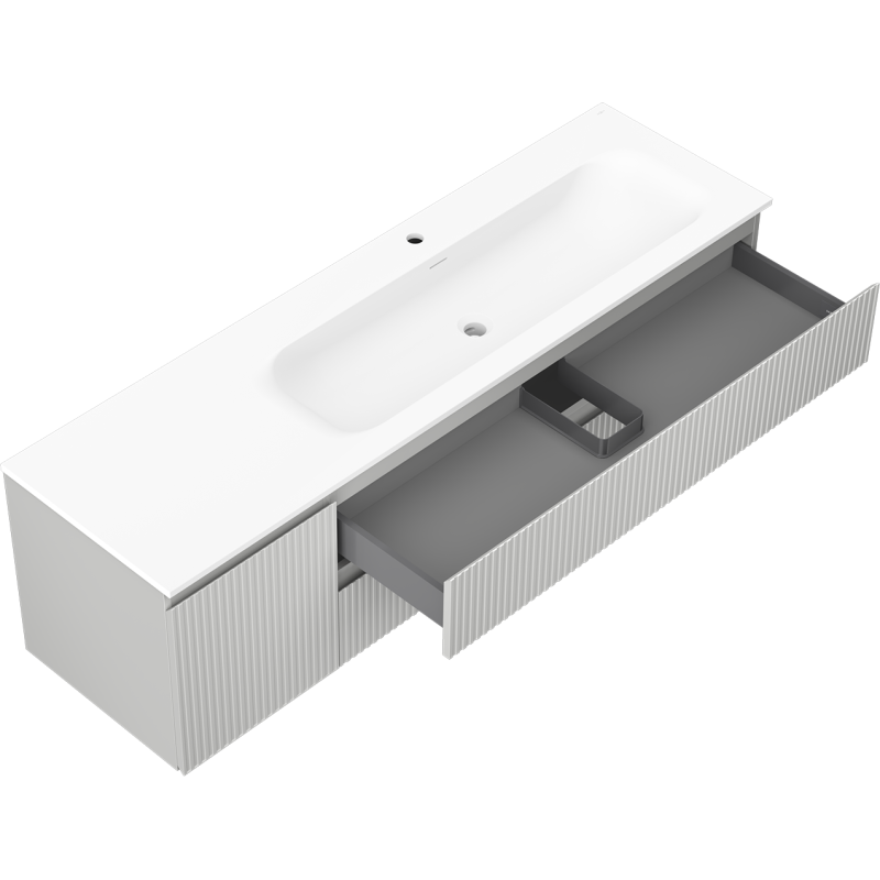 Mexen Rivel bathroom cabinet 160 cm with Vela right sink, 2S, 1D, fluted, gray/white matte - 91A23-16047-3-BBFFF62-W23P01