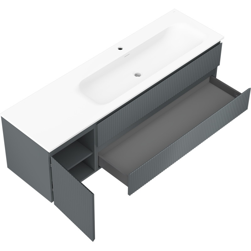 Mexen Rivel 160 cm bathroom cabinet with right sink Vela, 2S, 1D, grooved, graphite/white matte - 91A23-16047-3-BBFFF66-W23P01