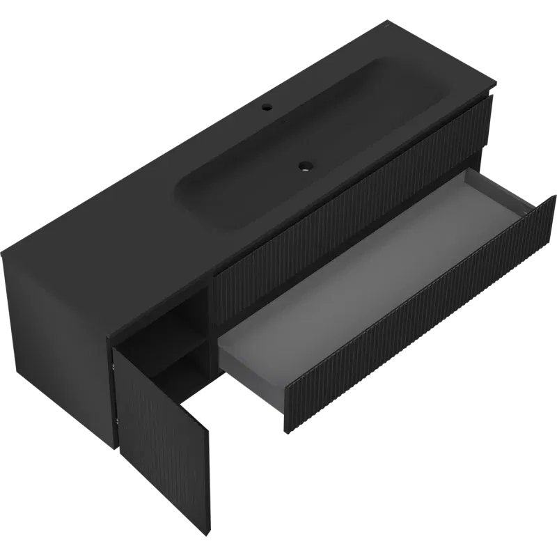 Mexen Rivel bathroom cabinet 160 cm with Vela right washbasin, 2S, 1D, fluted, black matt - 91A23-16047-3-BBFFF71-W23P71