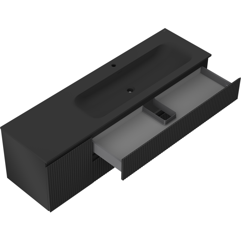 Mexen Rivel bathroom cabinet 160 cm with Vela right washbasin, 2S, 1D, fluted, black matt - 91A23-16047-3-BBFFF71-W23P71