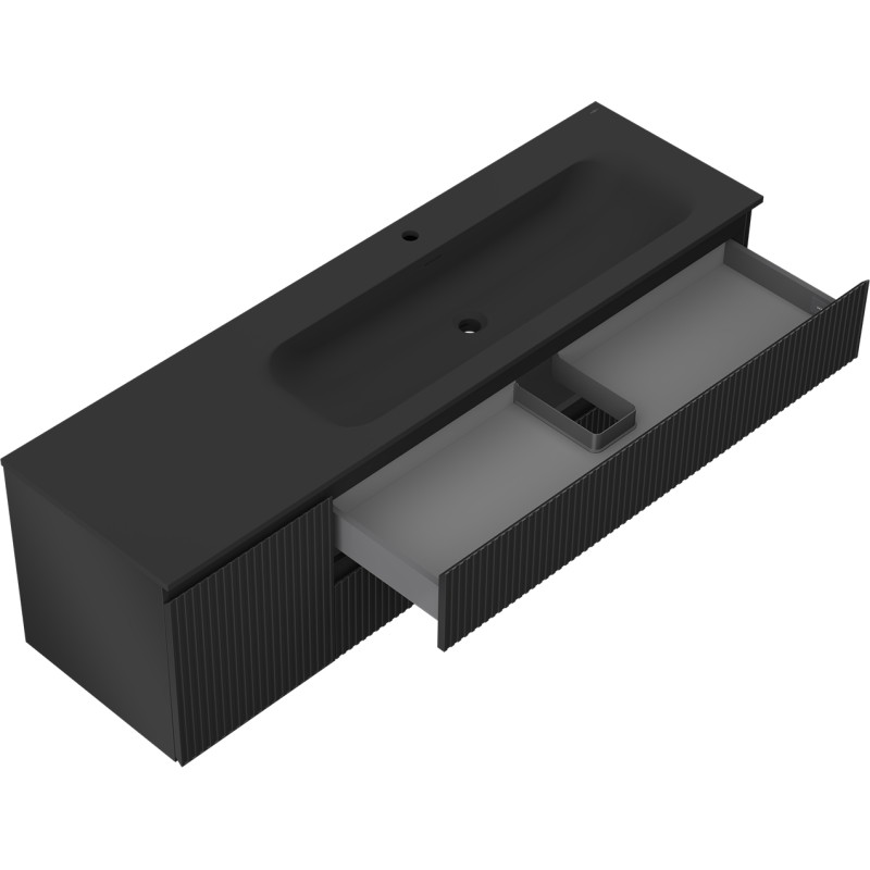 Mexen Rivel bathroom cabinet 160 cm with Vela right washbasin, 2S, 1D, fluted, black matte - 91A23-16047-3-BBFFF71-W23P71