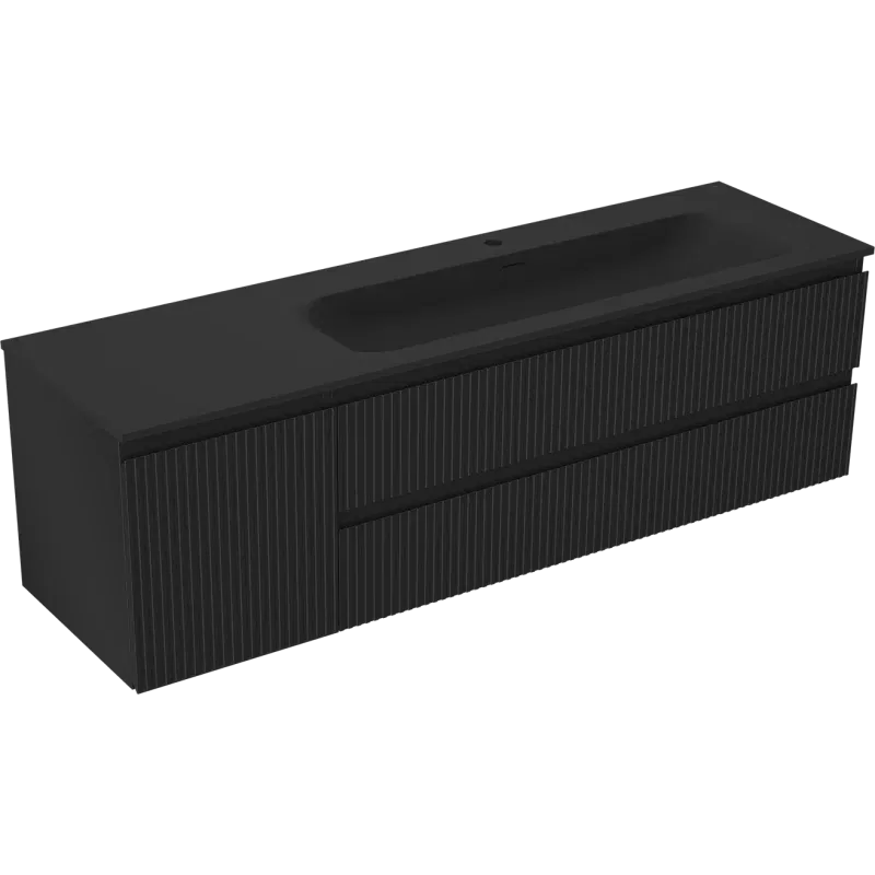 Mexen Rivel bathroom cabinet 160 cm with Vela right washbasin, 2S, 1D, fluted, black matt - 91A23-16047-3-BBFFF71-W23P71