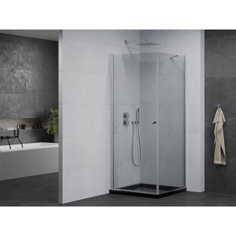 Mexen Pretoria 80 x 80 cm Pivot Shower Enclosure, Transparent, Chrome + Flat Black Tray - 852-080-080-01-00-4070