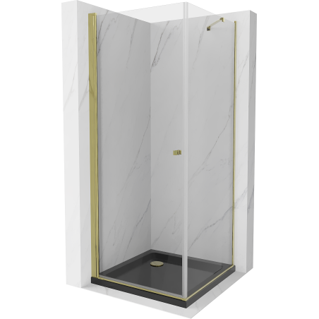 Mexen Pretoria hinged shower cubicle 70 x 70 cm, transparent, gold + shower tray Flat, Black - 852-070-070-50-00-4070G