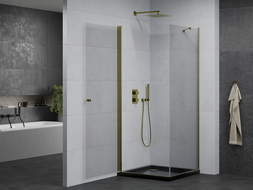 Mexen Pretoria hinged shower cubicle 70 x 70 cm, transparent, gold + shower tray Flat, Black - 852-070-070-50-00-4070G