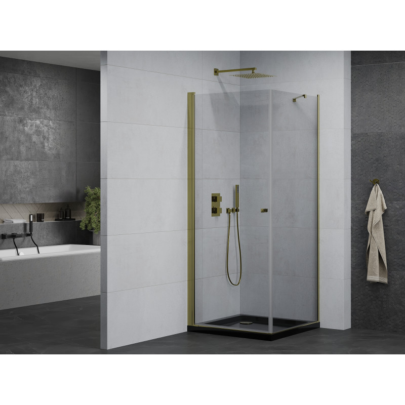 Mexen Pretoria swing shower cabin 70 x 70 cm, transparent, gold + Flat tray, black - 852-070-070-50-00-4070G