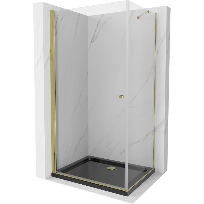 Mexen Pretoria hinged shower cubicle 70 x 80 cm, transparent, gold + shower tray Flat, Black - 852-070-080-50-00-4070G