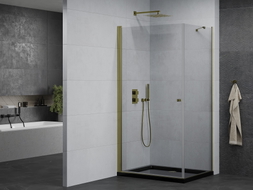Mexen Pretoria 70 x 90 cm Pivot Shower Enclosure, Transparent, Gold + Flat Shower Tray, Black - 852-070-090-50-00-4070G