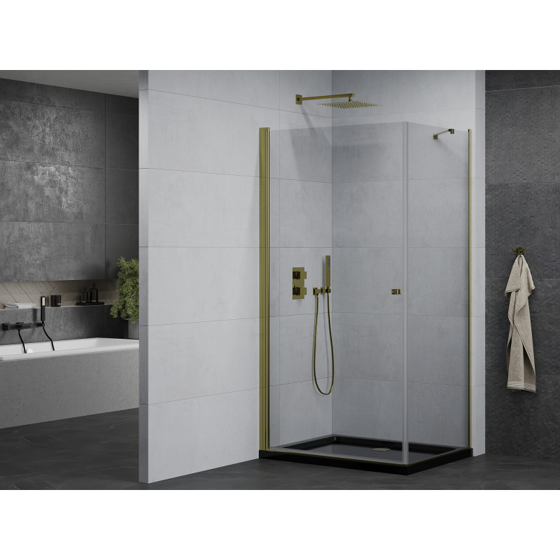 Mexen Pretoria hinged shower cabin 80 x 70 cm, transparent, gold + Flat shower tray, black - 852-080-070-50-00-4070G