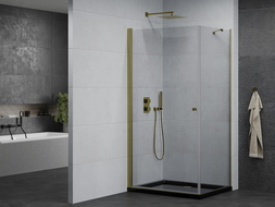 Mexen Pretoria hinged shower cubicle 80 x 70 cm, transparent, gold + shower tray Flat, Black - 852-080-070-50-00-4070G