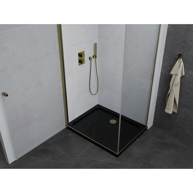 Mexen Pretoria 80 x 70 cm Hinged Shower Enclosure, Transparent, Gold + Flat Tray, Black - 852-080-070-50-00-4070G