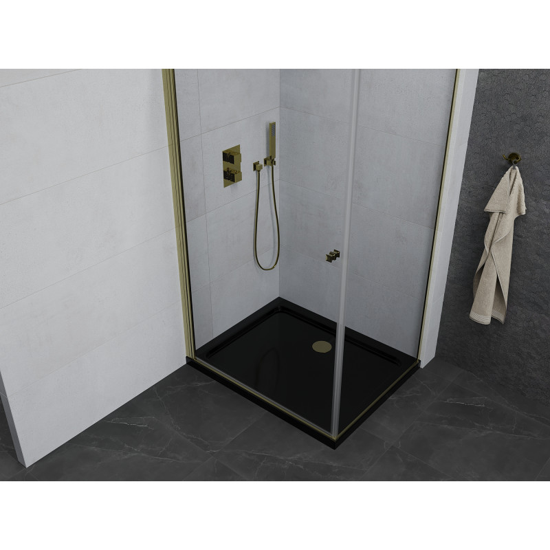 Mexen Pretoria swing shower cabin 80 x 90 cm, transparent, gold + Flat shower tray, black - 852-080-090-50-00-4070G