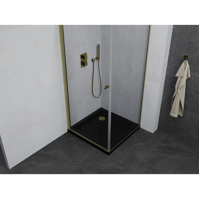 Mexen Pretoria pivot shower cabin 80 x 80 cm, transparent, gold + Flat shower tray, black - 852-080-080-50-00-4070G