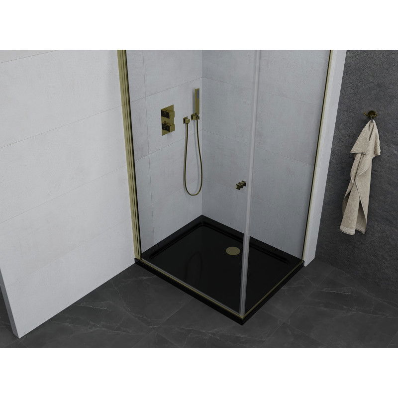 Mexen Pretoria 80 x 100 cm Pivot Shower Enclosure, Transparent, Gold + Flat Shower Tray, Black - 852-080-100-50-00-4070G