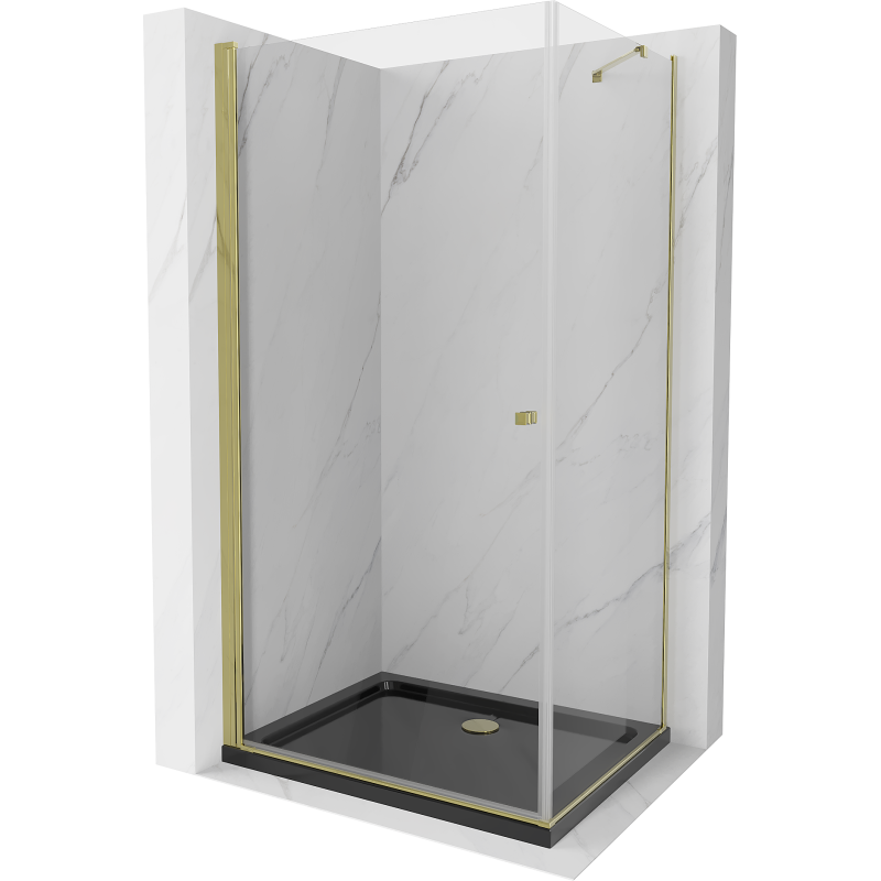 Mexen Pretoria 90 x 70 cm Pivot Shower Enclosure, Transparent, Gold + Flat Tray, Black - 852-090-070-50-00-4070G