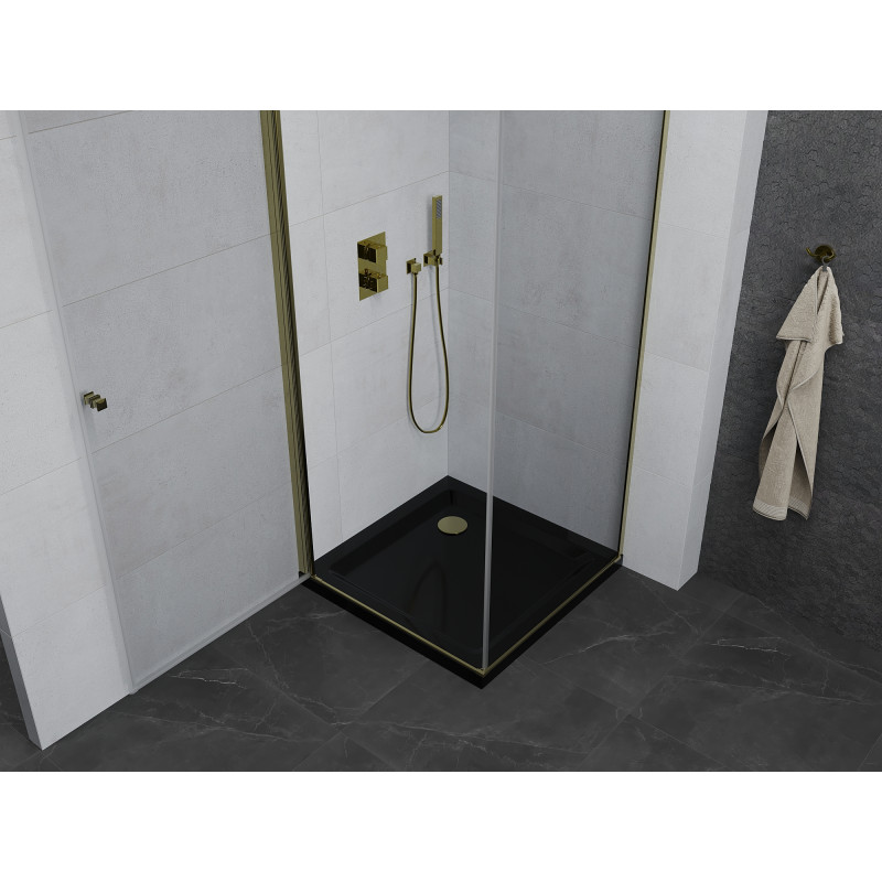 Mexen Pretoria hinged shower enclosure 90 x 90 cm, transparent, gold + Flat shower tray, black - 852-090-090-50-00-4070G