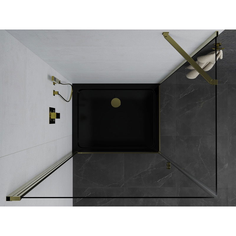 Mexen Pretoria 90 x 100 cm Hinged Shower Enclosure, Transparent, Gold + Flat Tray, Black - 852-090-100-50-00-4070G