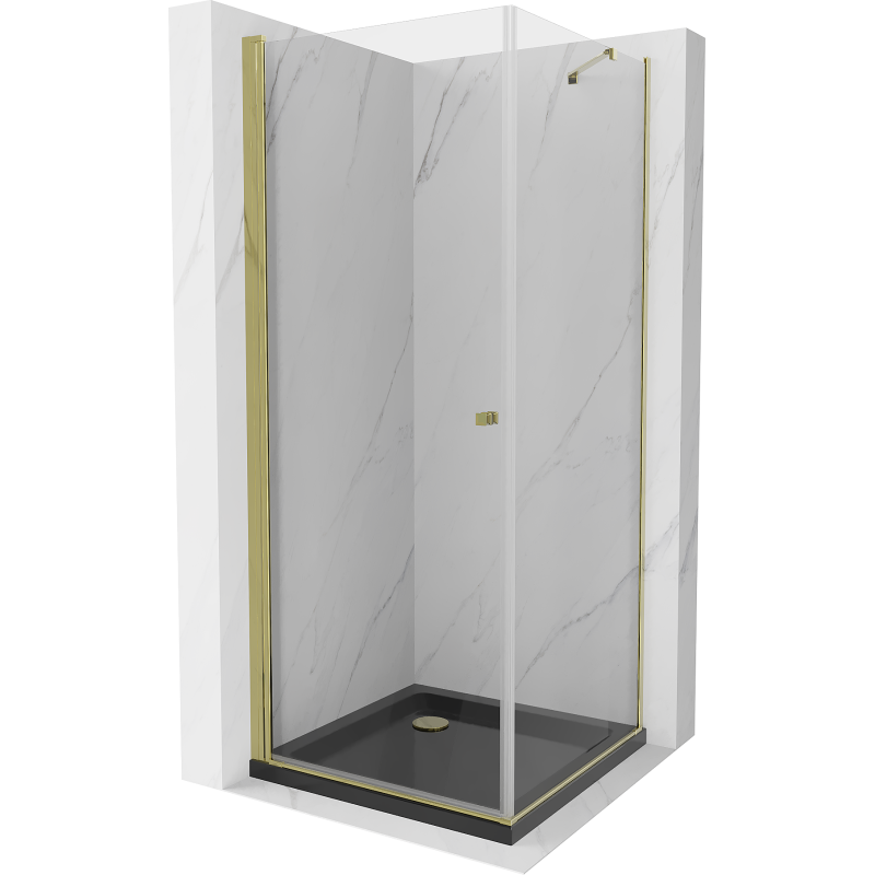 Mexen Pretoria hinged shower cubicle 100 x 100 cm, transparent, gold + shower tray Flat, Black - 852-100-100-50-00-4070G