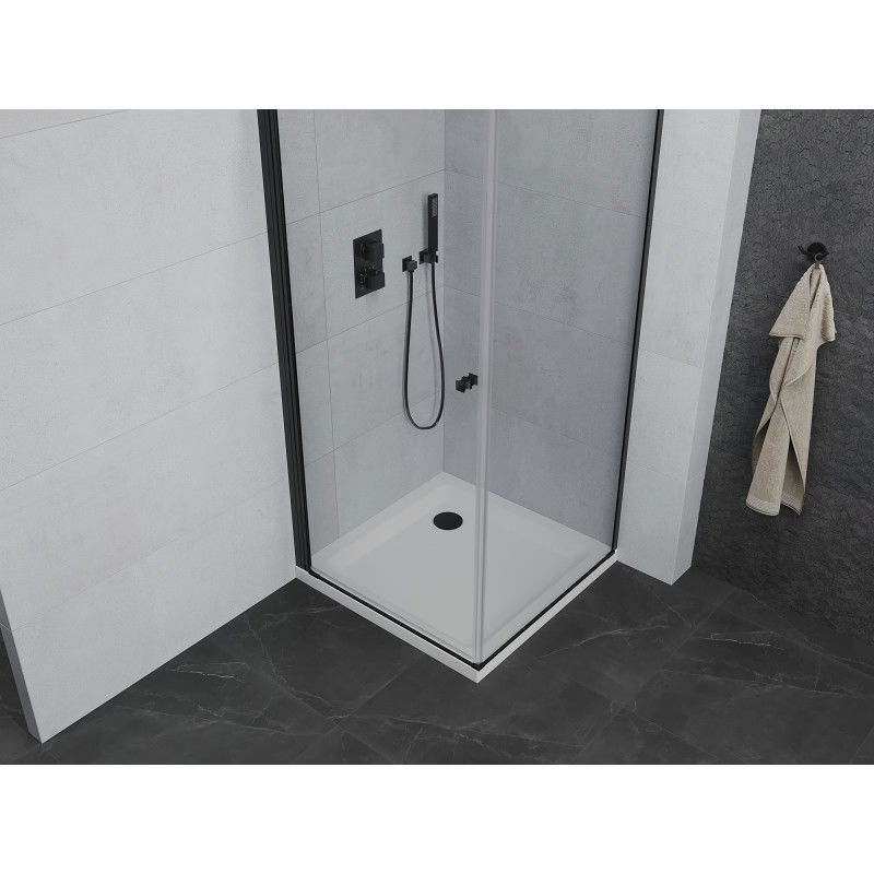 Mexen Pretoria 90 x 90 cm Swing Shower Enclosure, Transparent, Black + Flat Tray - 852-090-090-70-00-4010B