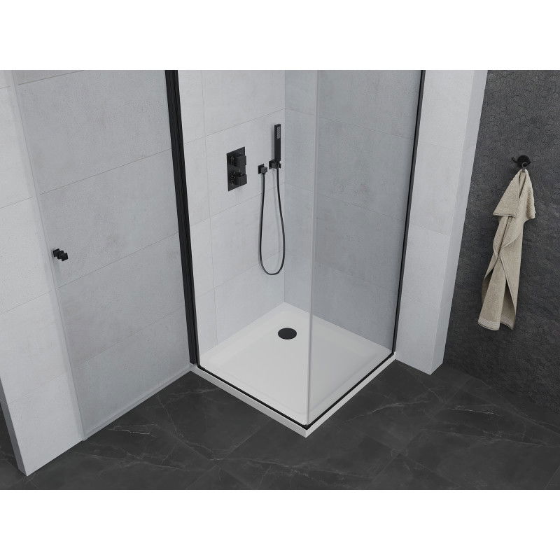 Mexen Pretoria 90 x 90 cm Swing Shower Enclosure, Transparent, Black + Flat Tray - 852-090-090-70-00-4010B